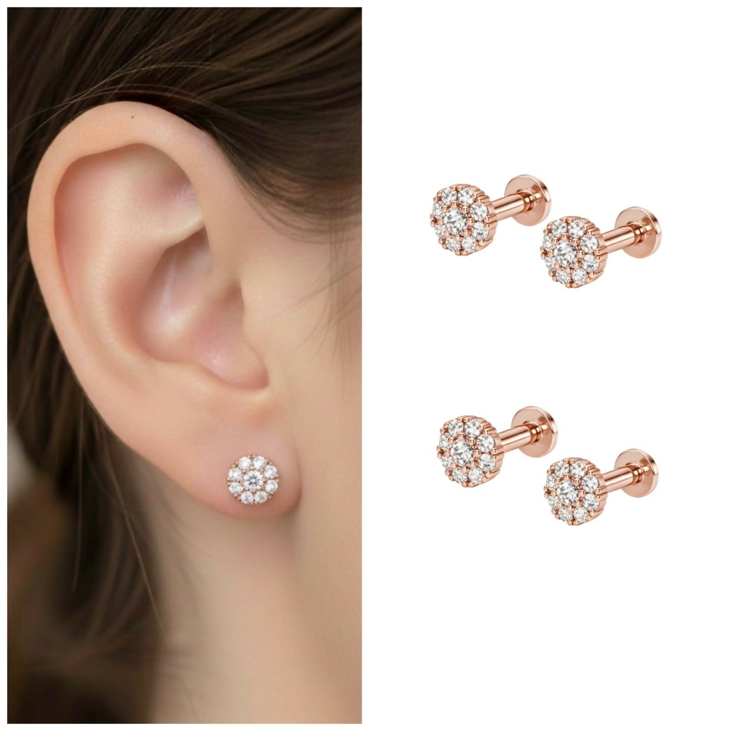 Close-up of rose gold flower cluster stud earrings showing sparkling crystals
