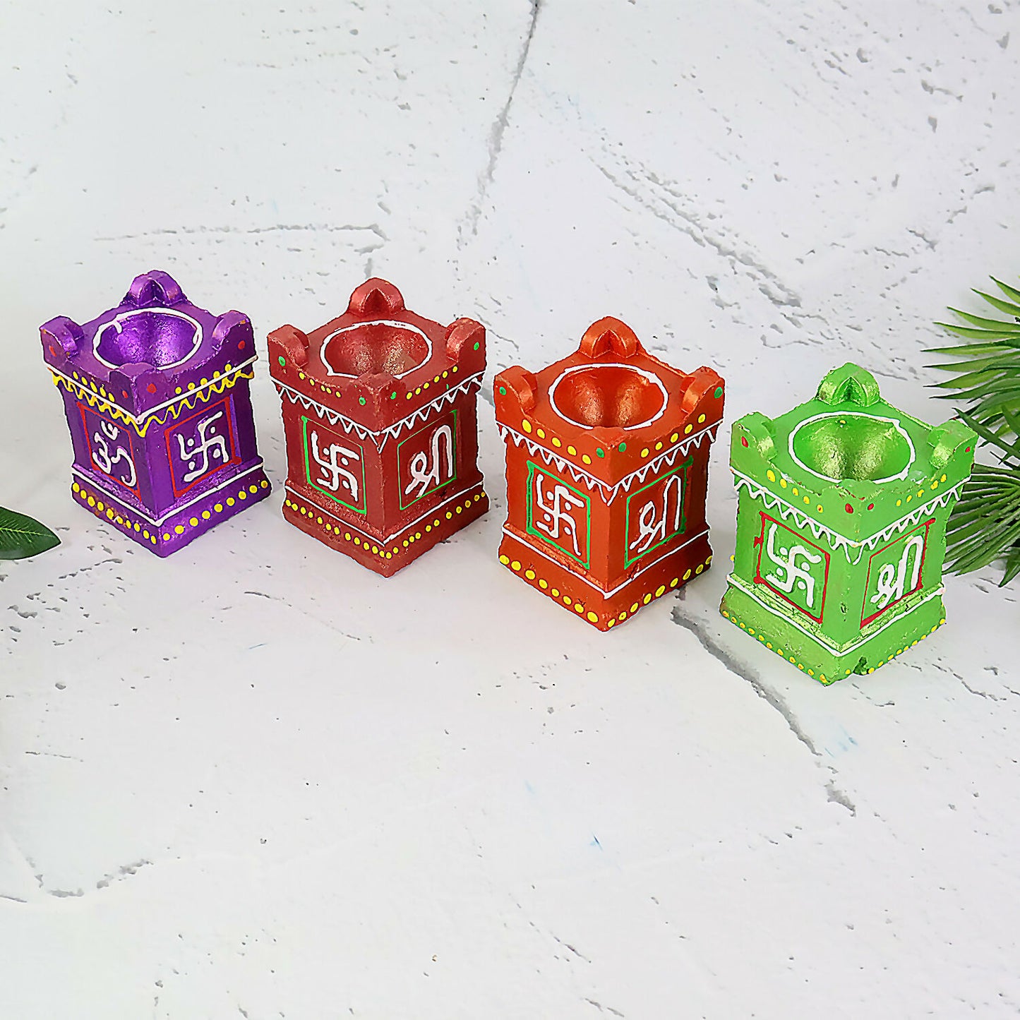 Traditional Handcrafted Square Diya Set of 4 – Decorative Clay Oil Lamp with Swastik & Shree Design for Festivals & Pooja