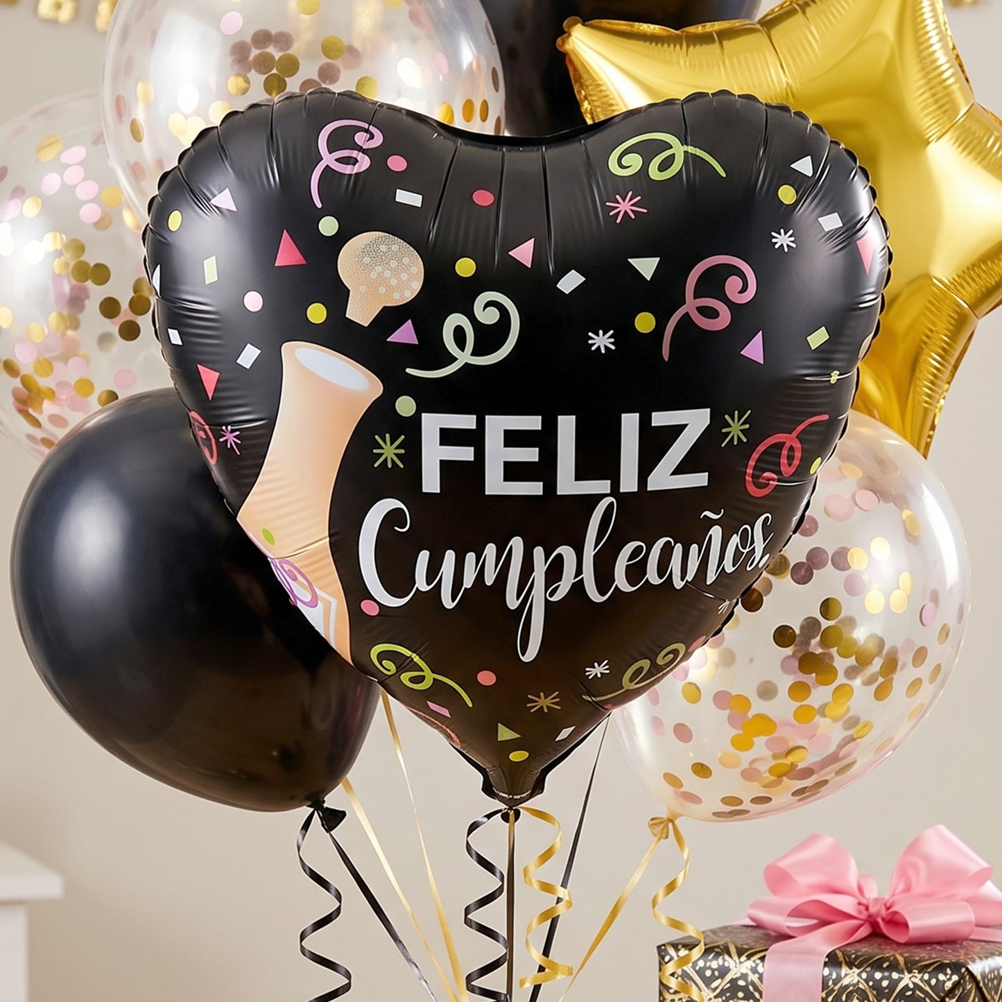 Party decoration with Black Heart Feliz Cumpleaños foil balloon