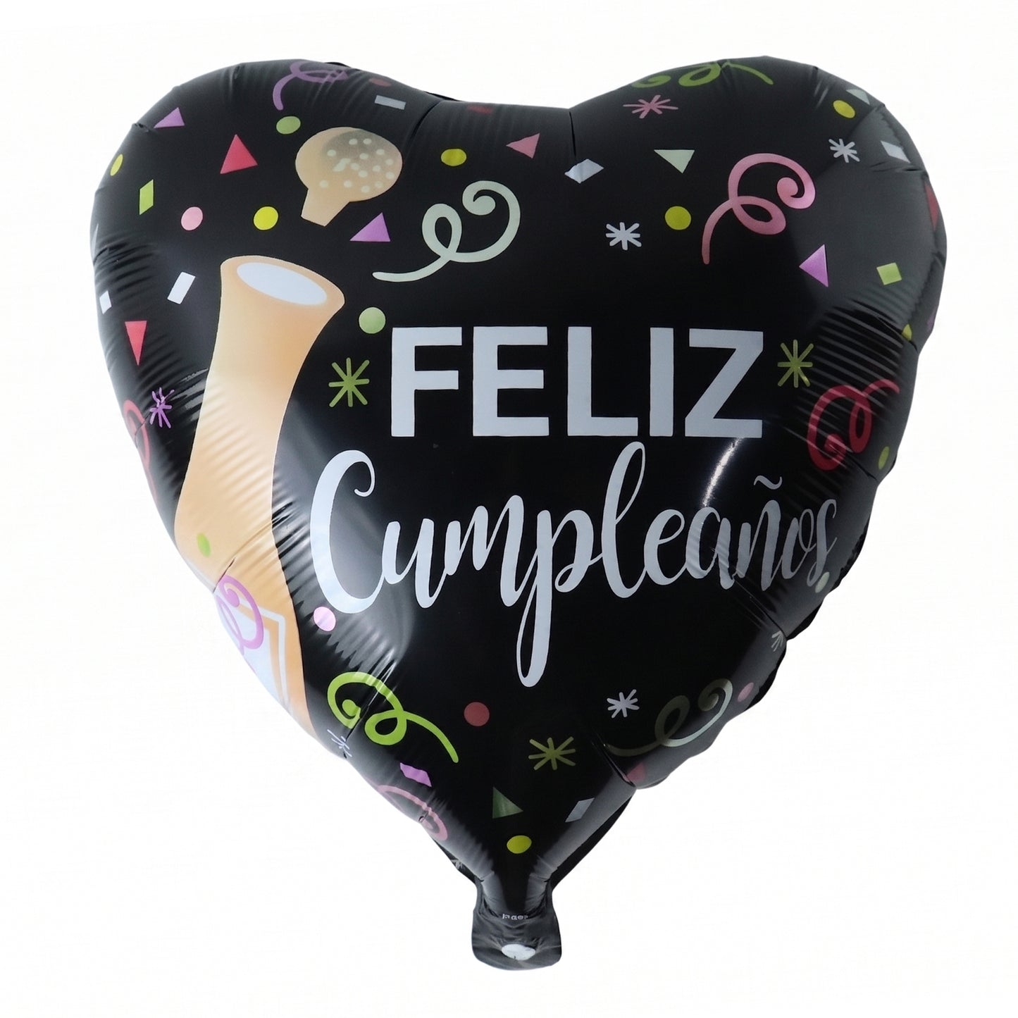 Black Heart Feliz Cumpleaños foil balloon on wall backdrop