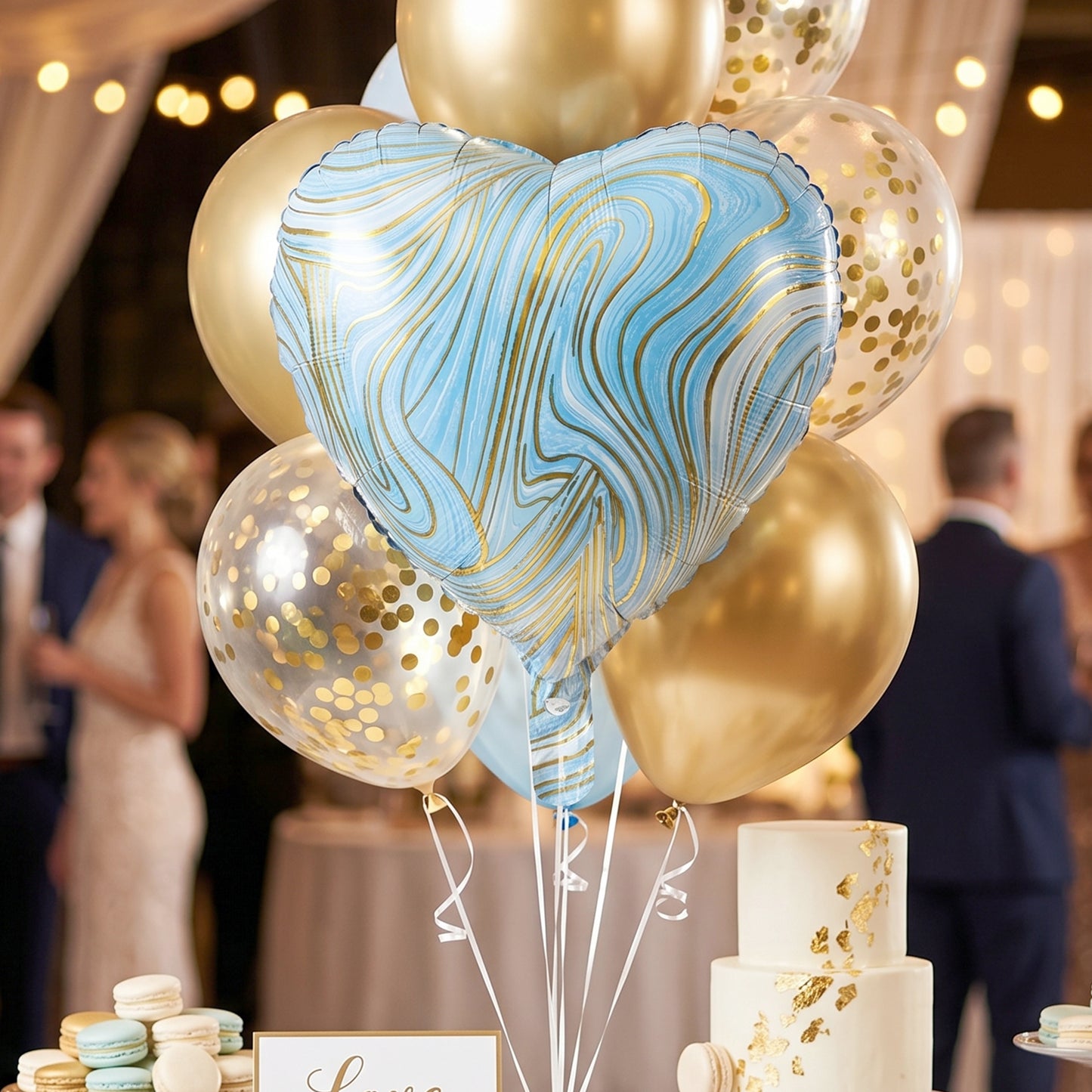 Blue Marble Heart Foil Balloon at party cake table