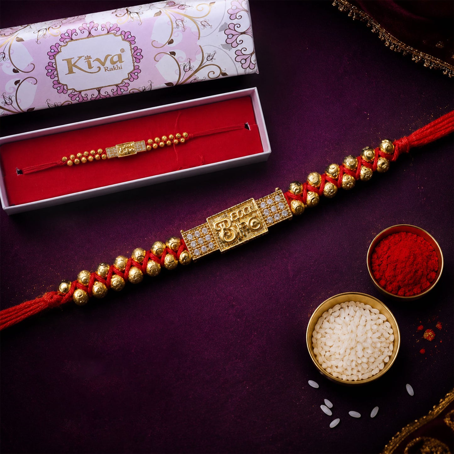 Stylish Brother Nameplate AD Stone Designer Rakhi with Gold Beads Gift