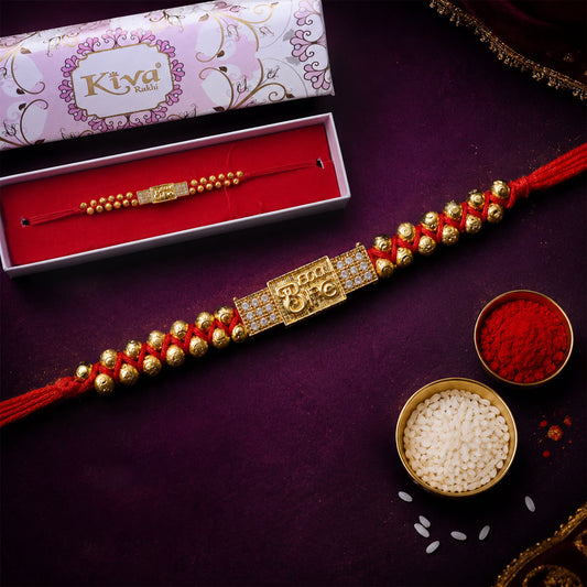 Stylish Brother Nameplate AD Stone Designer Rakhi with Gold Beads Gift