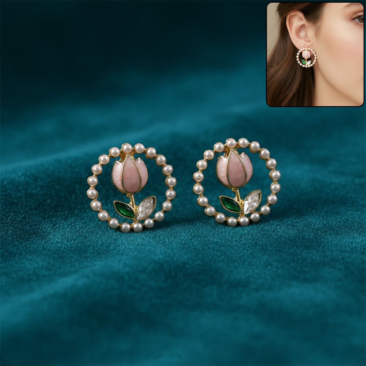 Korean Style Pearl Floral Stud Earrings for Women & Girls