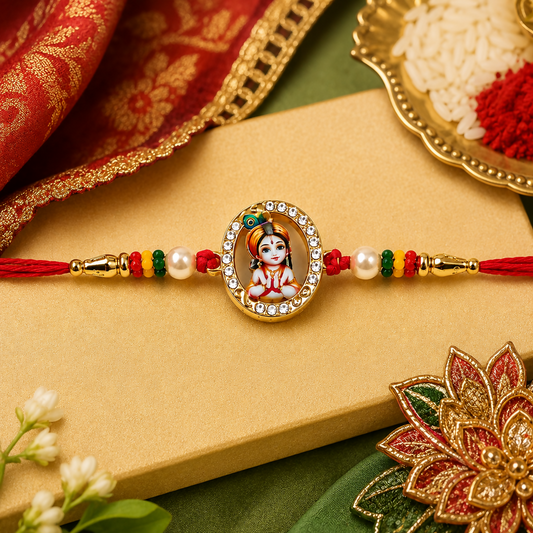 A red thread bracelet with a gold oval Bal Krishna charm, pearls, and colorful beads rests on a gold box with a red and gold