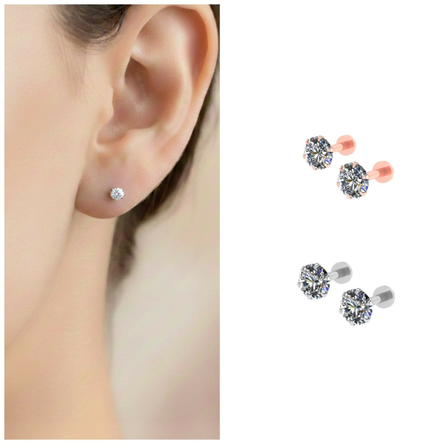 Silver plated round cubic zirconia flat back stud earrings showing sparkling stones