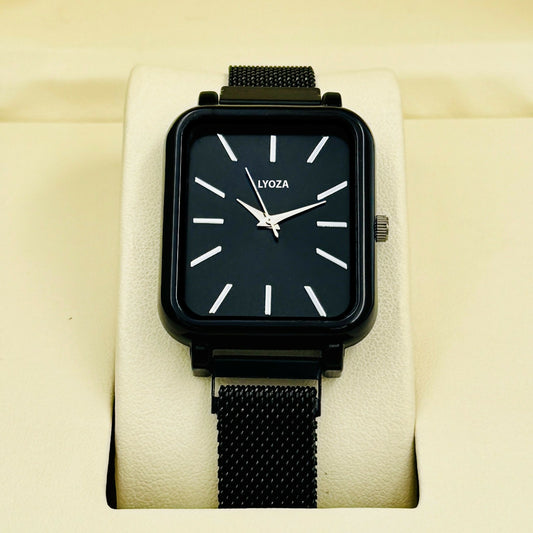 Black Square Analog Watch with Mesh Strap
