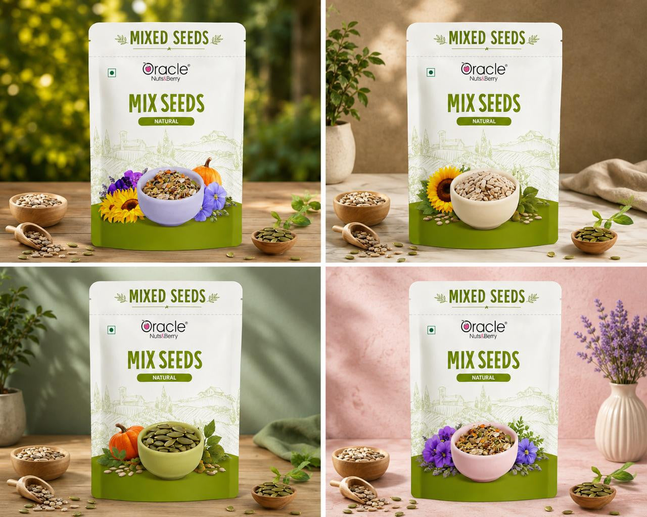 Glass jar filled with Oracle's healthy mix seeds, perfect for daily use.