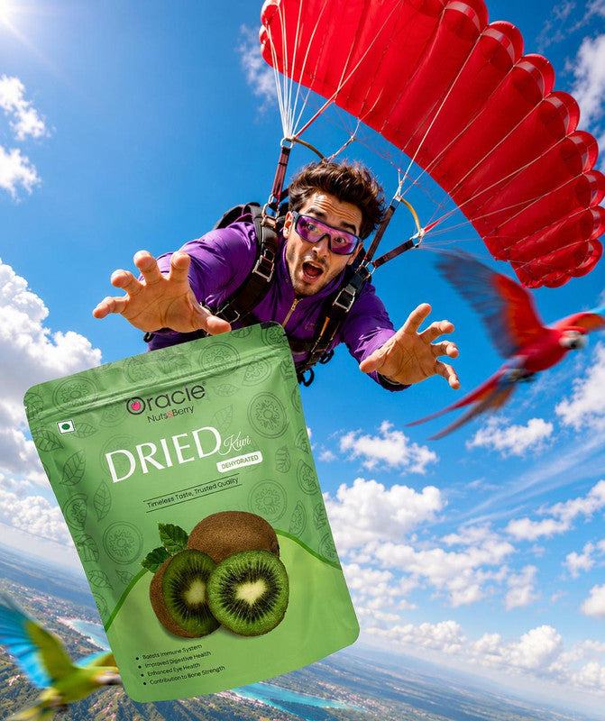 Delicious Dried Kiwi Slices used as a garnish for a dessert or breakfast bowl.