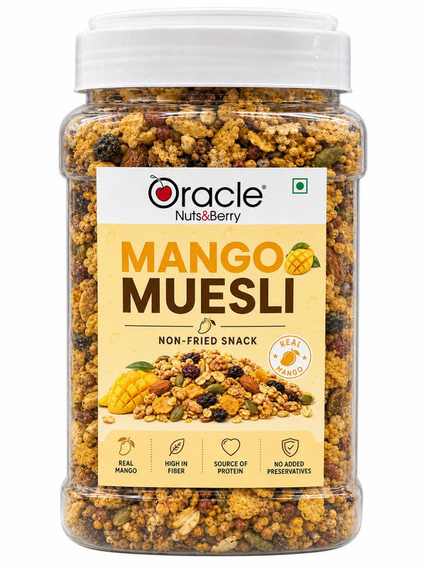 Package of Oracle Mango Muesli with dried mango slices on a breakfast table