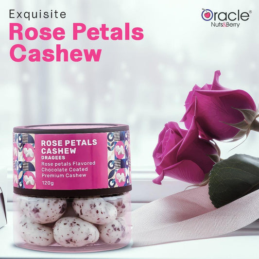 Close-up of Oracle Rose Petal Cashew Dragees showcasing their delicate coating and floral essence.