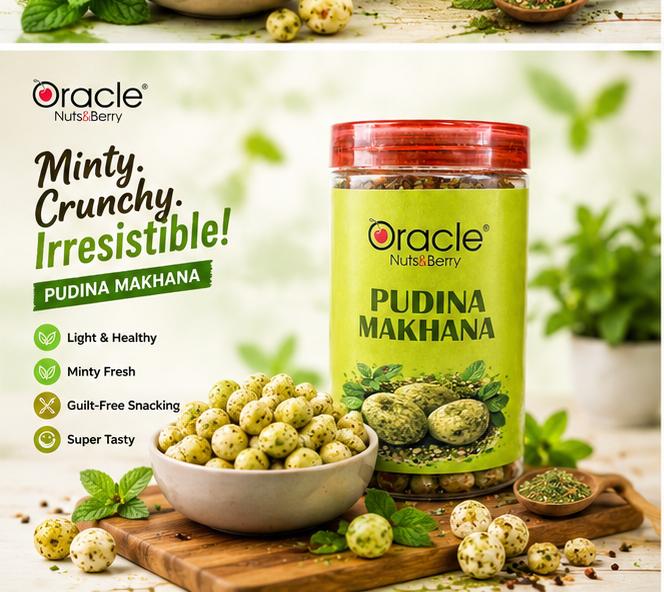 Tasty, crunchy roasted fox nuts with mint seasoning in a clear packet