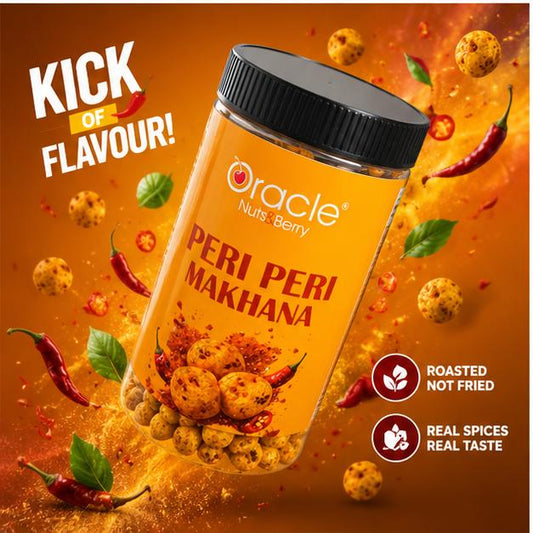 Packet of Oracle Peri Peri Makhana, a roasted spicy fox nuts snack, displayed against a vibrant background.