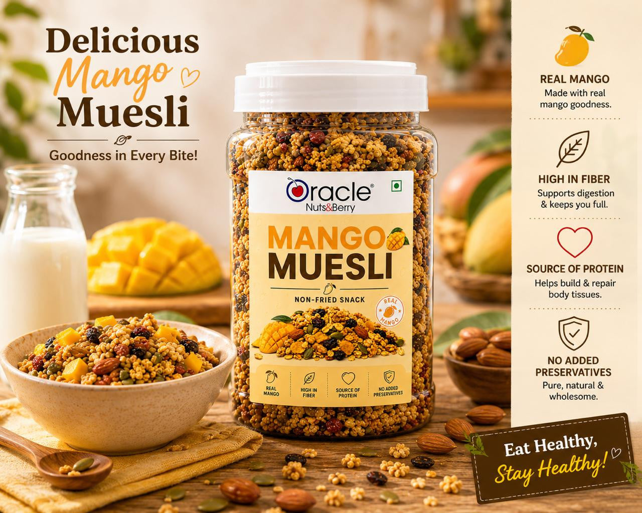 Serving of Oracle Mango Muesli with milk in a bowl, topped with fresh fruit