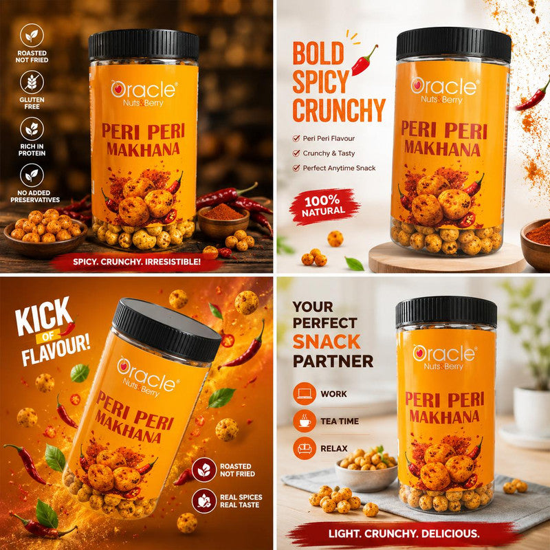 Hand reaching for Oracle Peri Peri Makhana from an open pack, emphasizing convenience.