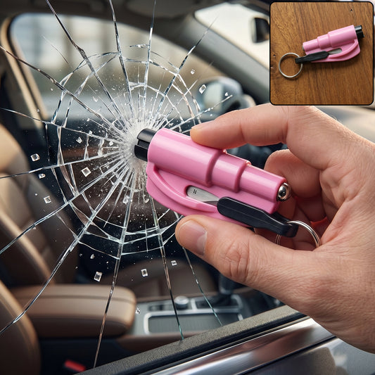 A hand holds a pink emergency tool, breaking a car window with a spiderweb crack pattern; a small inset shows the tool on