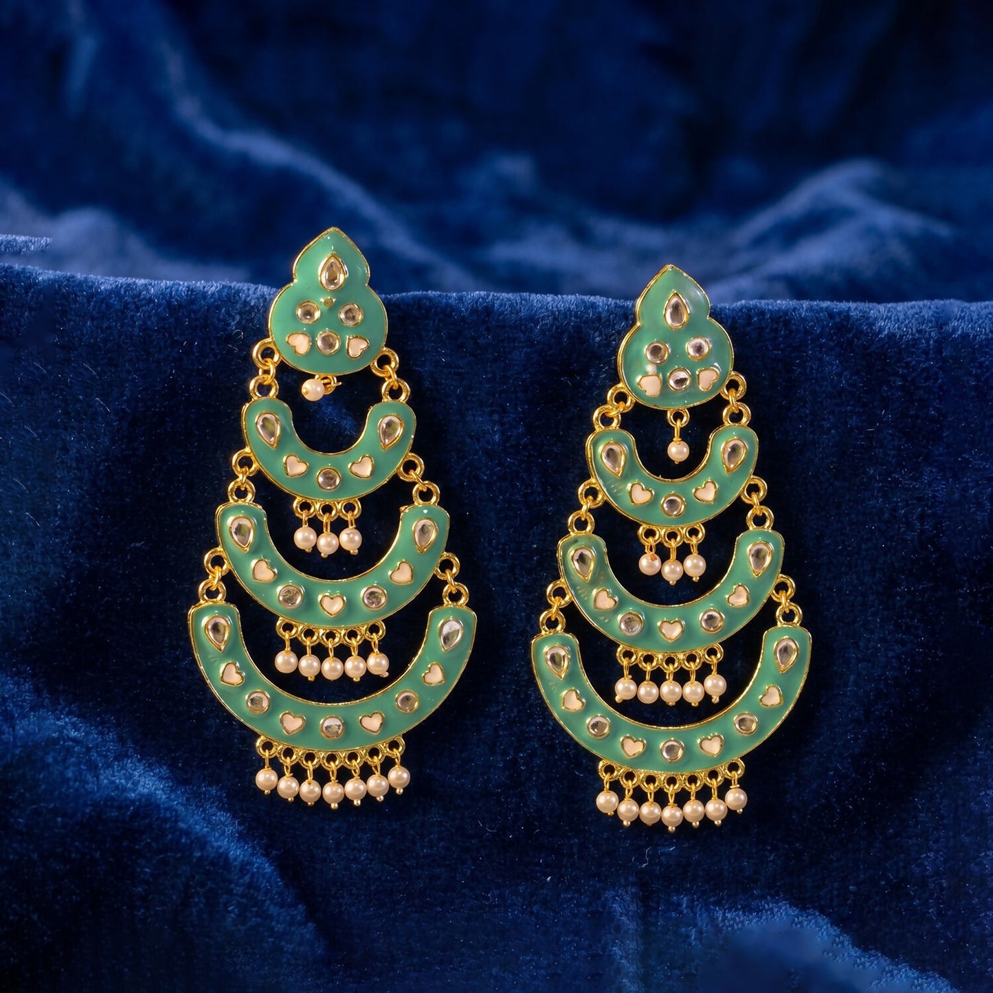 Elegant sea green chandbali earrings with multi-tier design