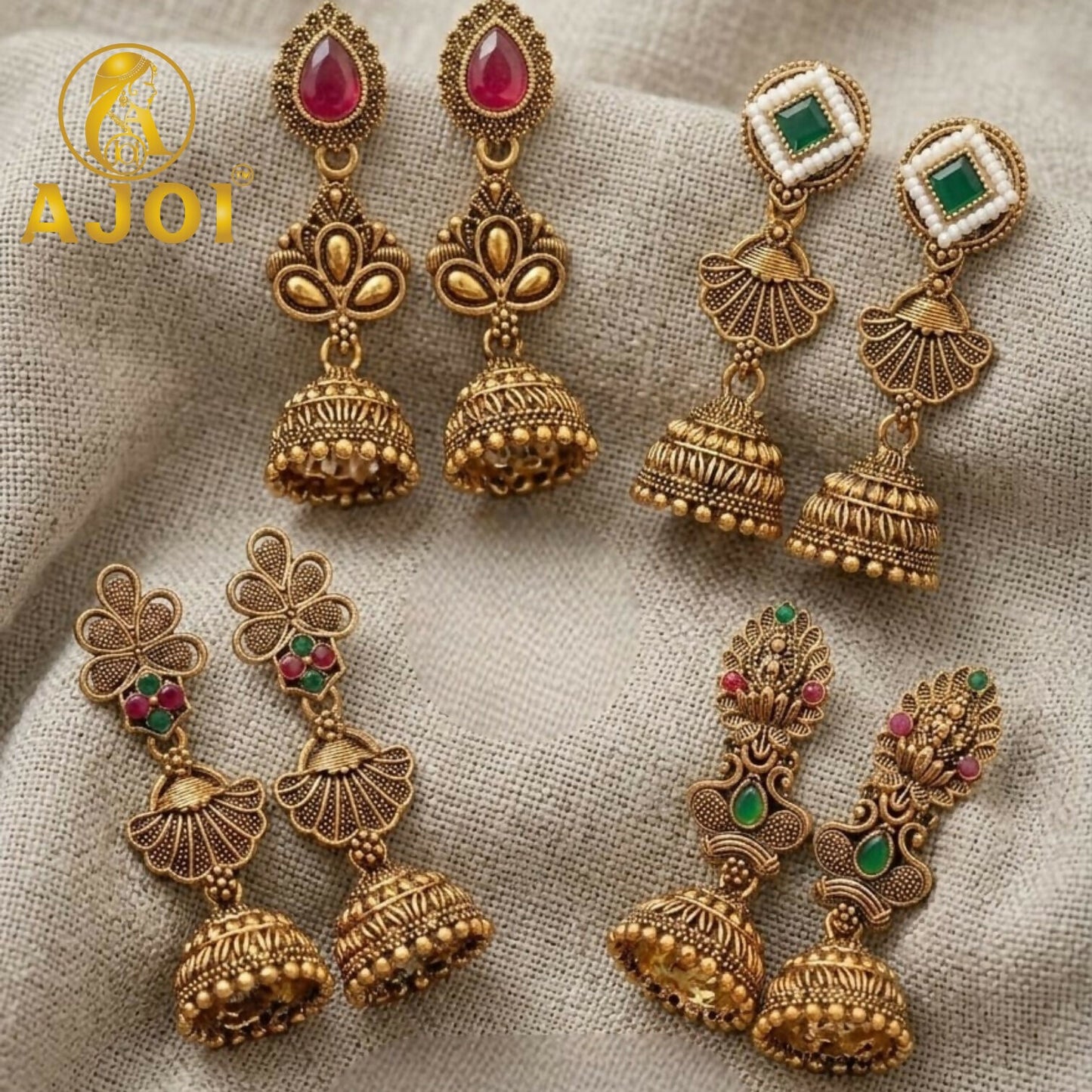 Antique Temple Gold Jhumka Earrings Set front view