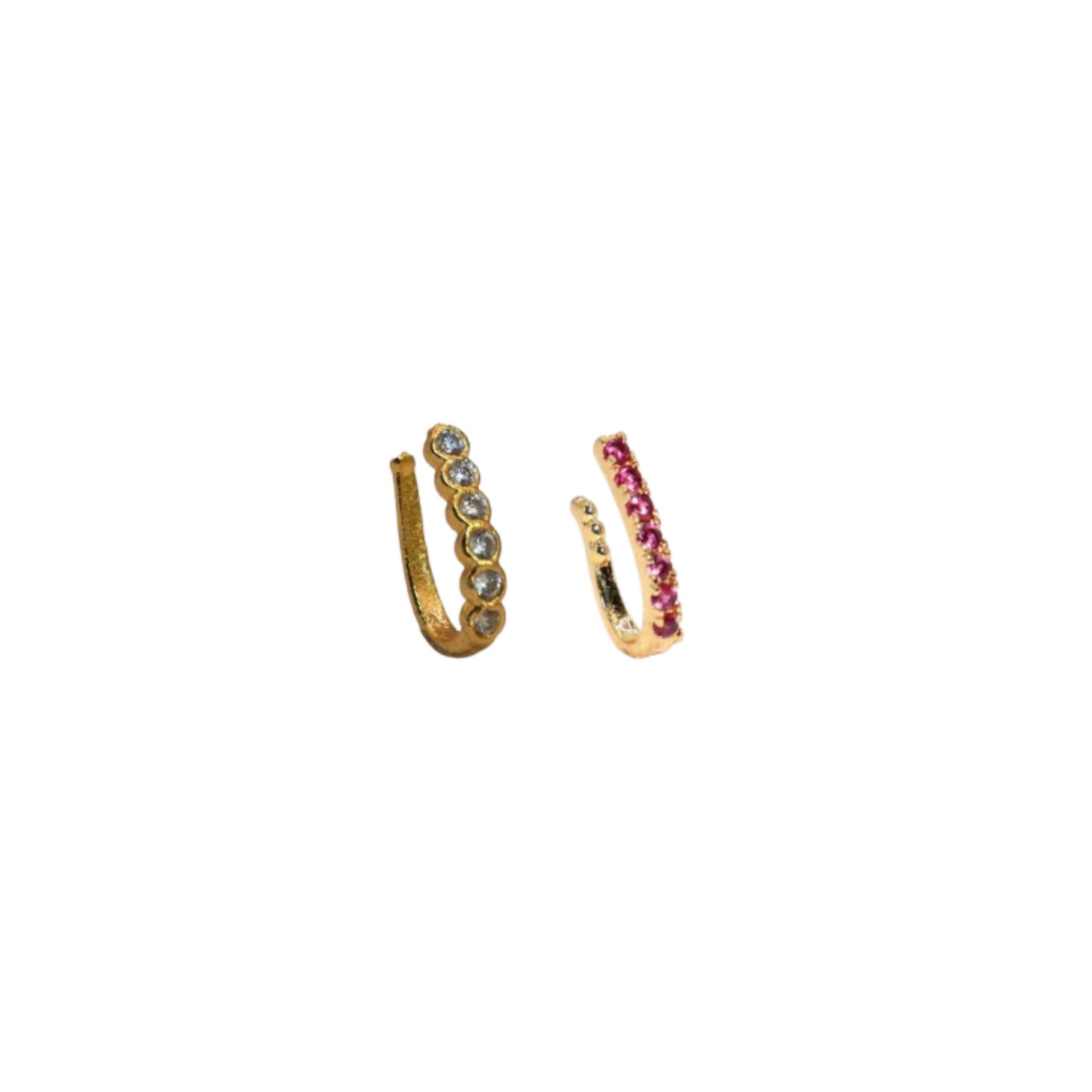 Close-up of pink CZ stones on gold-tone clip-on nose jewelry piece