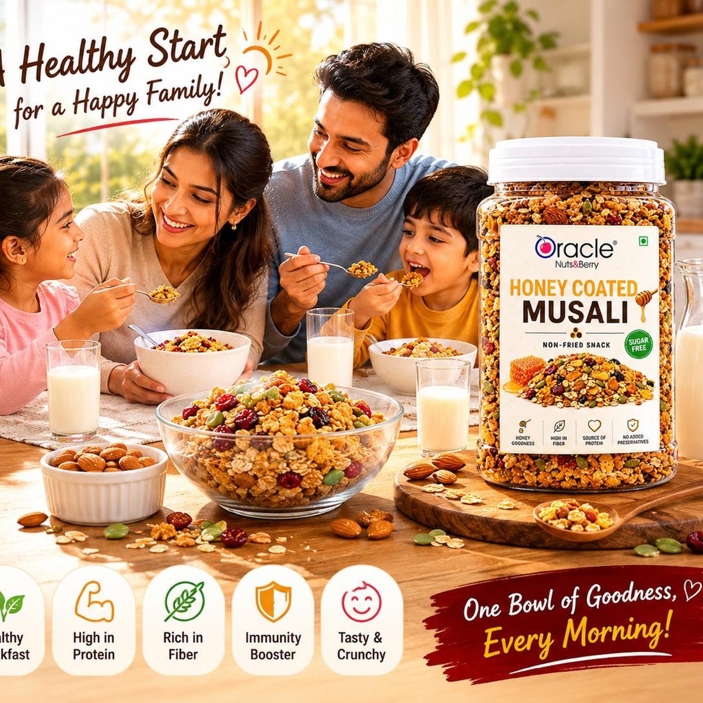 Serving of prepared muesli with milk and fresh fruits.