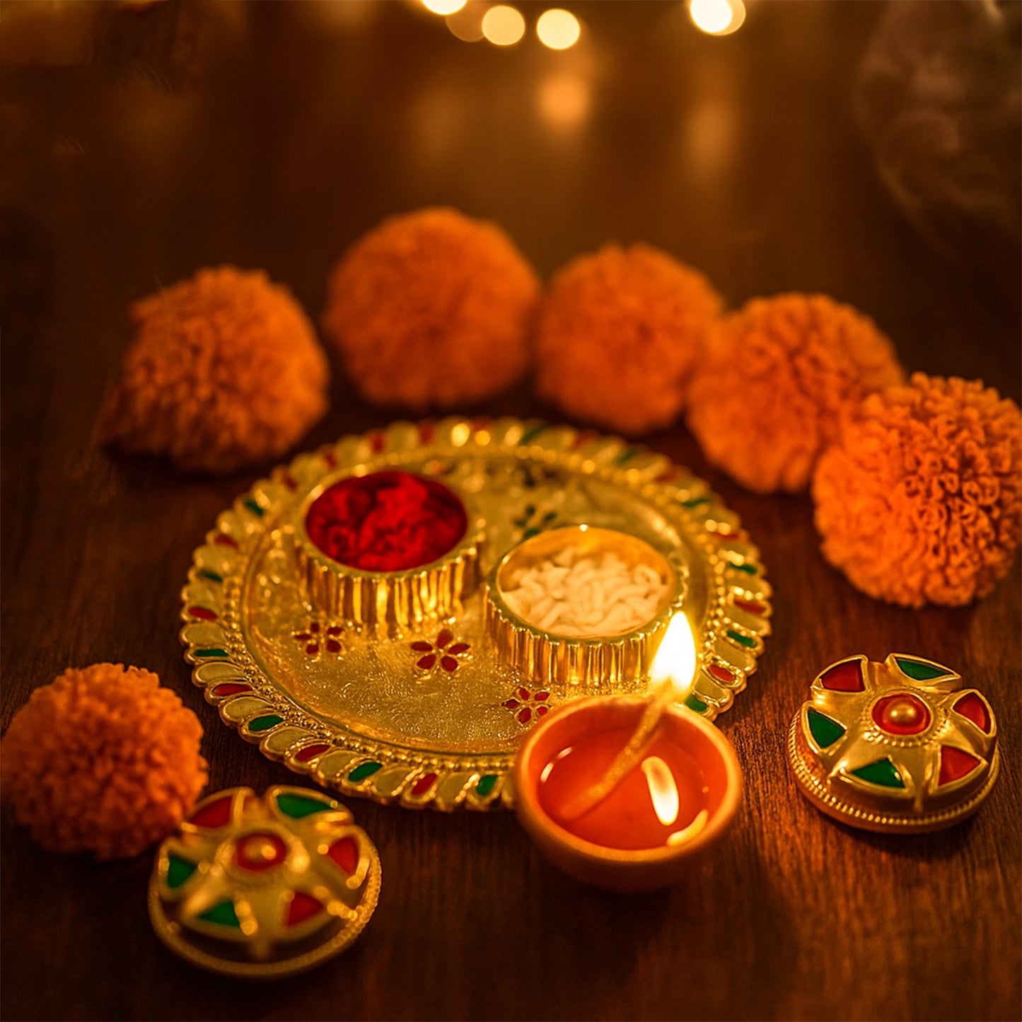 Meenakari Roli–Chawal Pooja Thali - (1 Pc / Mix design)