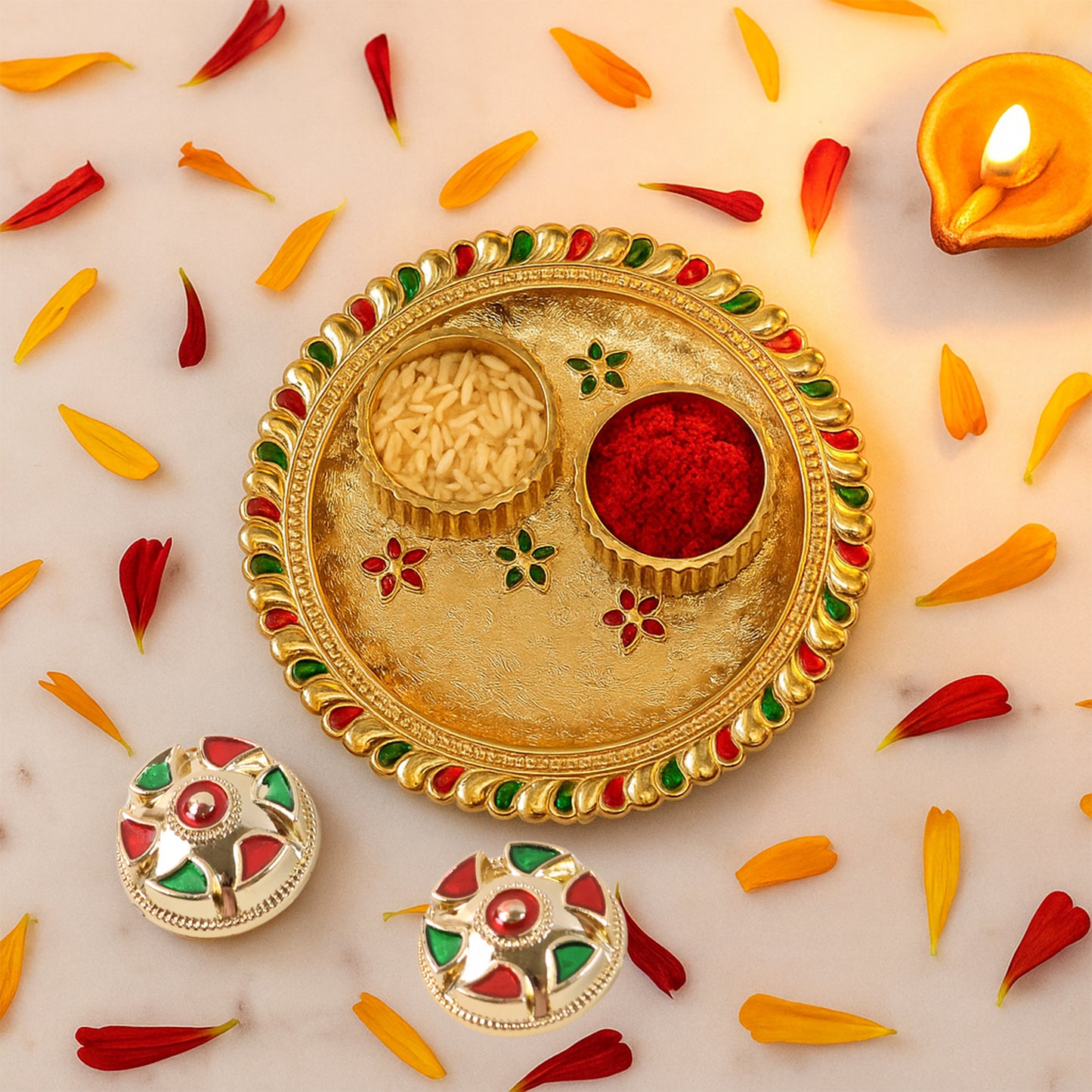 Meenakari Roli–Chawal Pooja Thali - (1 Pc / Mix design)