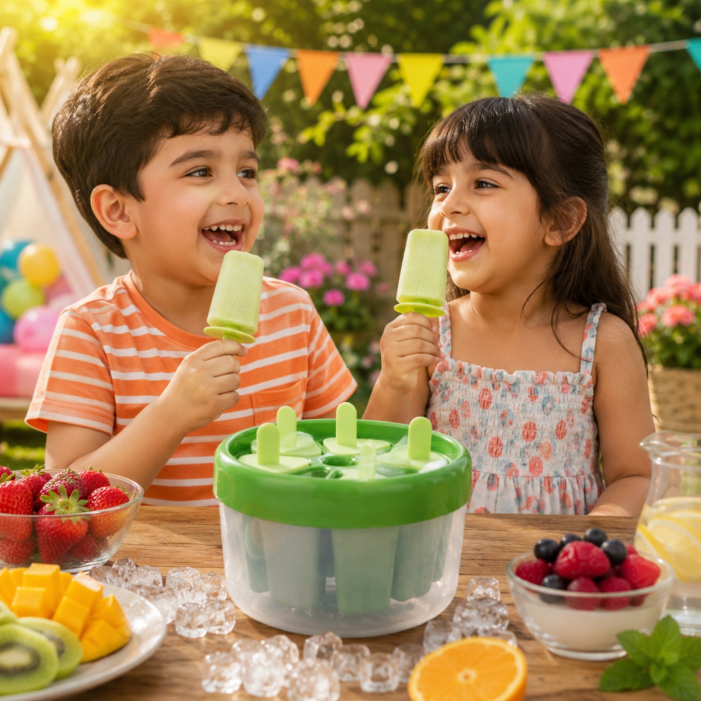 Kids enjoying homemade popsicles made with Plastic Ice Candy Popsicle Maker