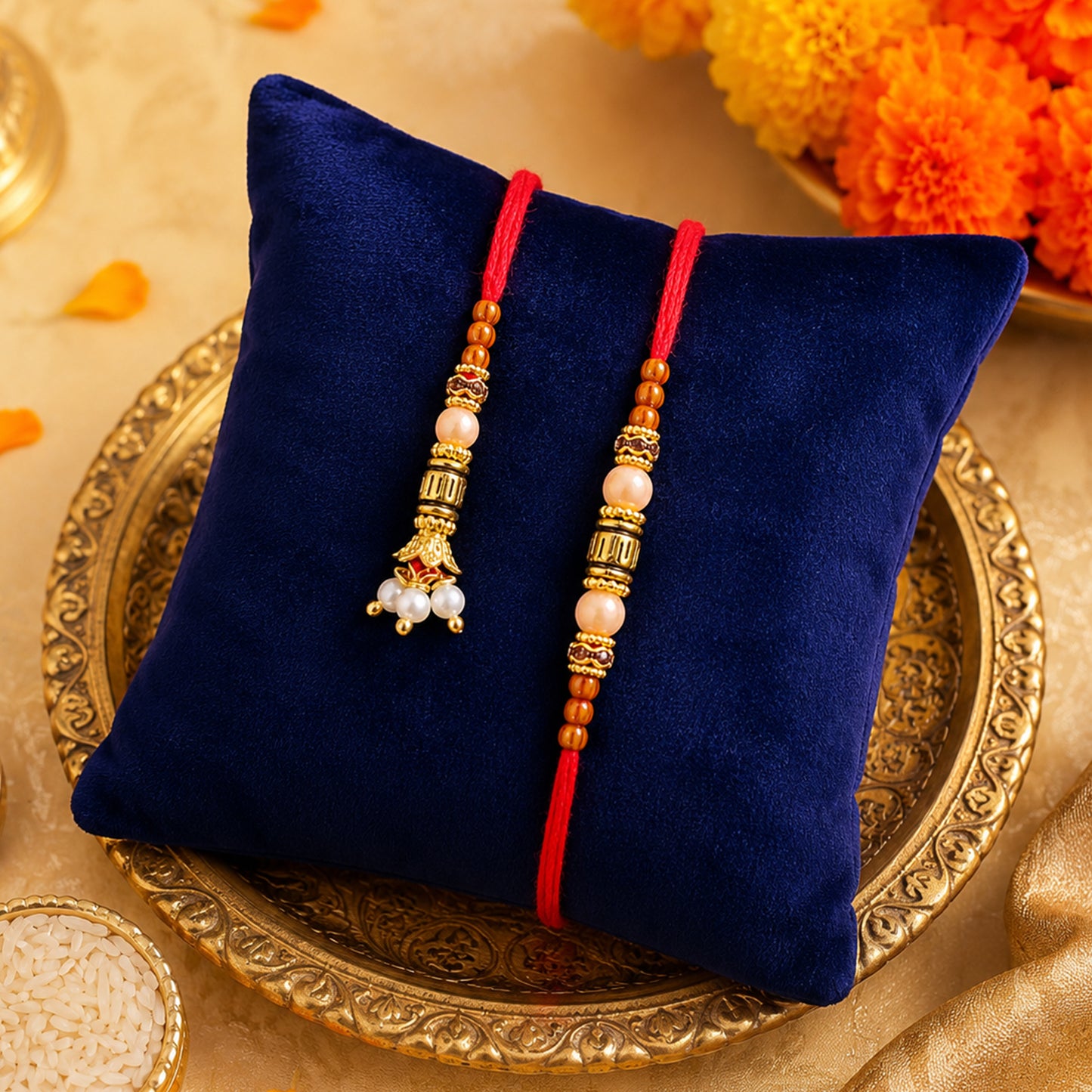 Beaded Minimal Design Bhai Bhabhi Rakhi with Cylinder Beads and Pearls for Gifting