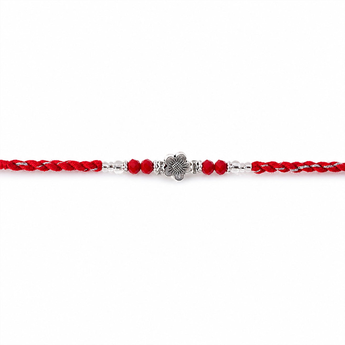 Red Braided Rakhi with Silver Flower Charm and Crystal Bead Accents
