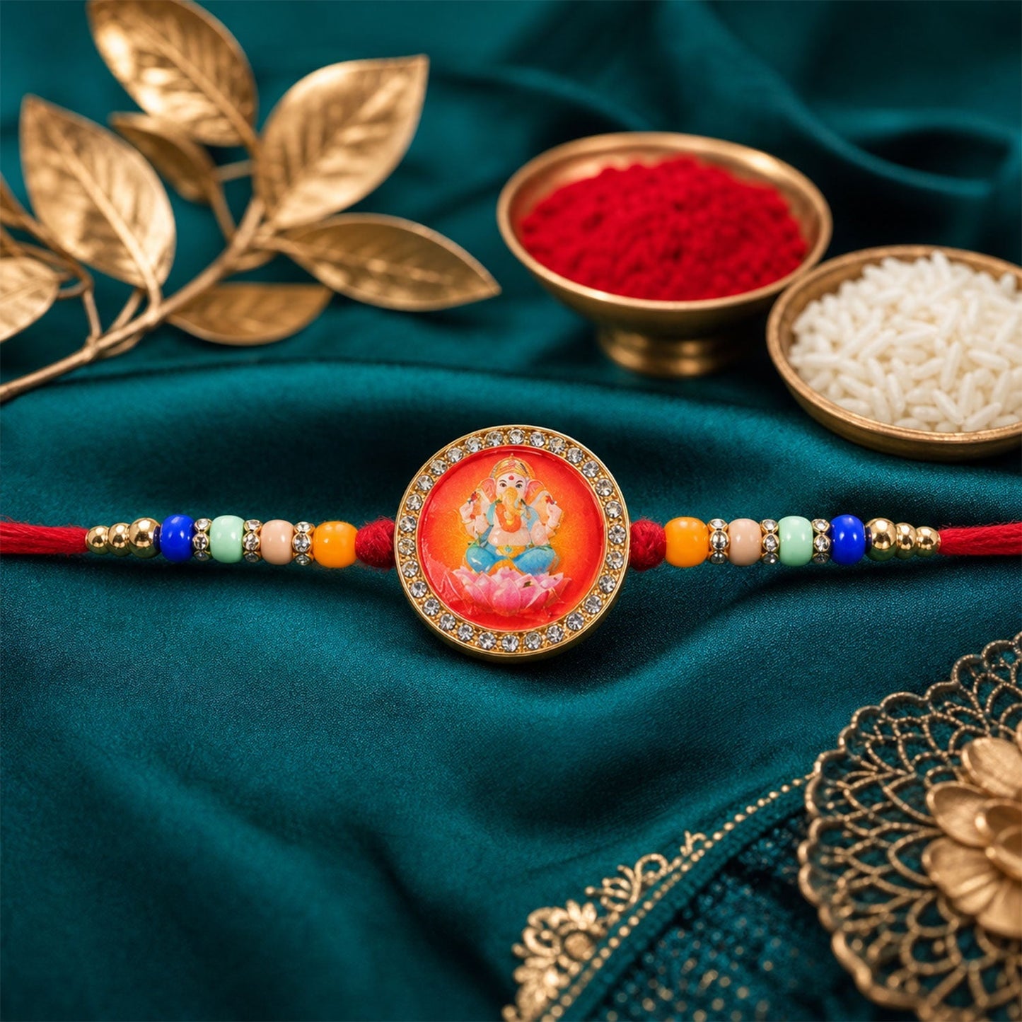 Ganesha Rakhi for Brother Golden Motif with Stones & Beads (5pcs)