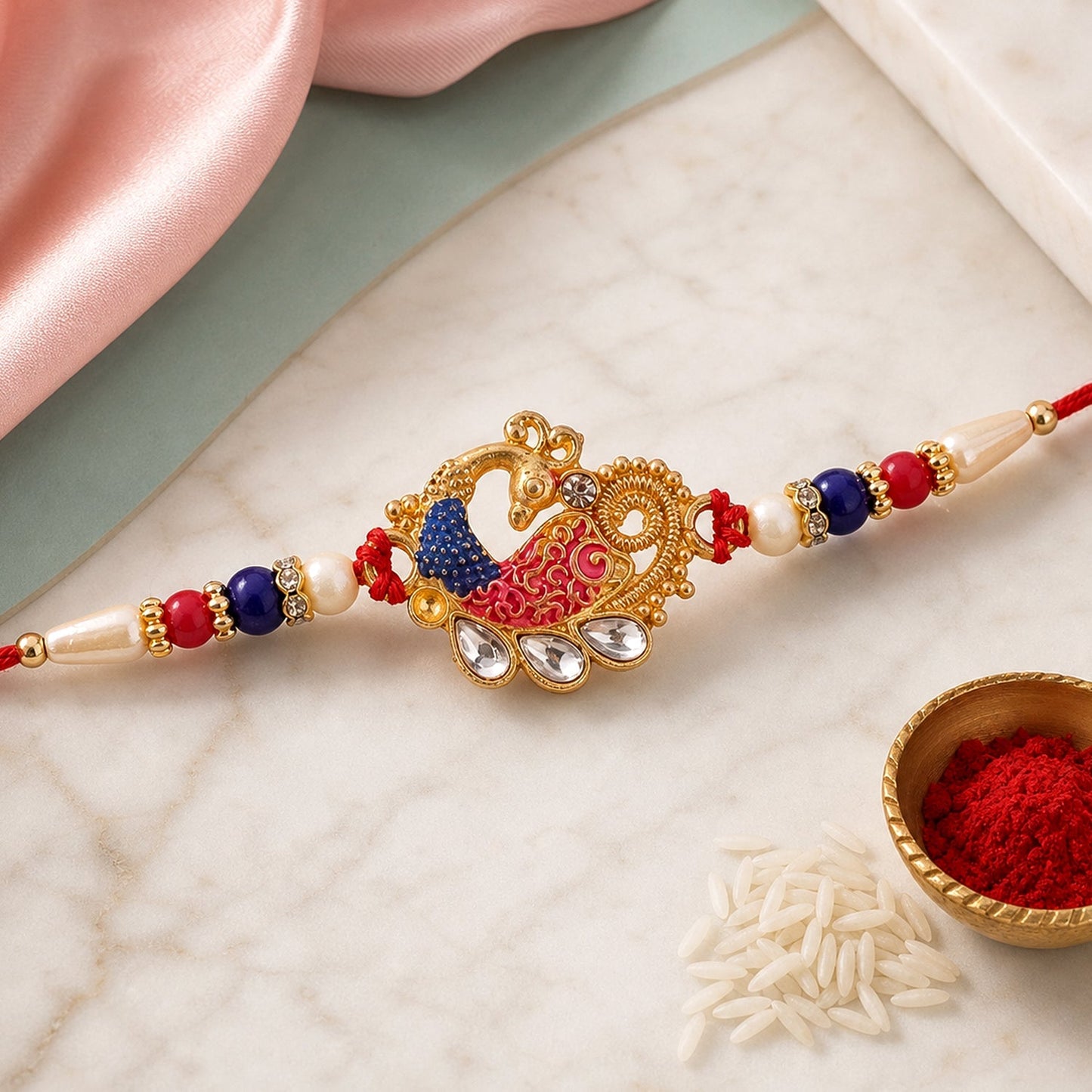 Peacock Kundan Beaded Designer Rakhi with Pearl Detail Work (5pcs)