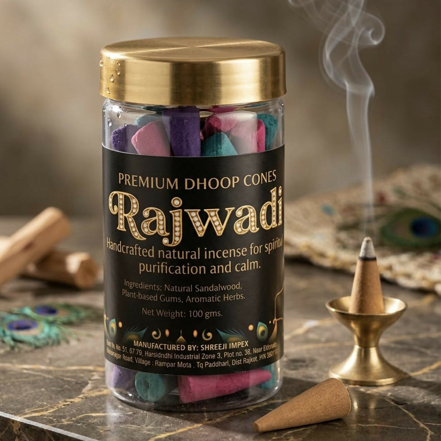 Rajwadi Dhoop Cones laid out to display cone shape