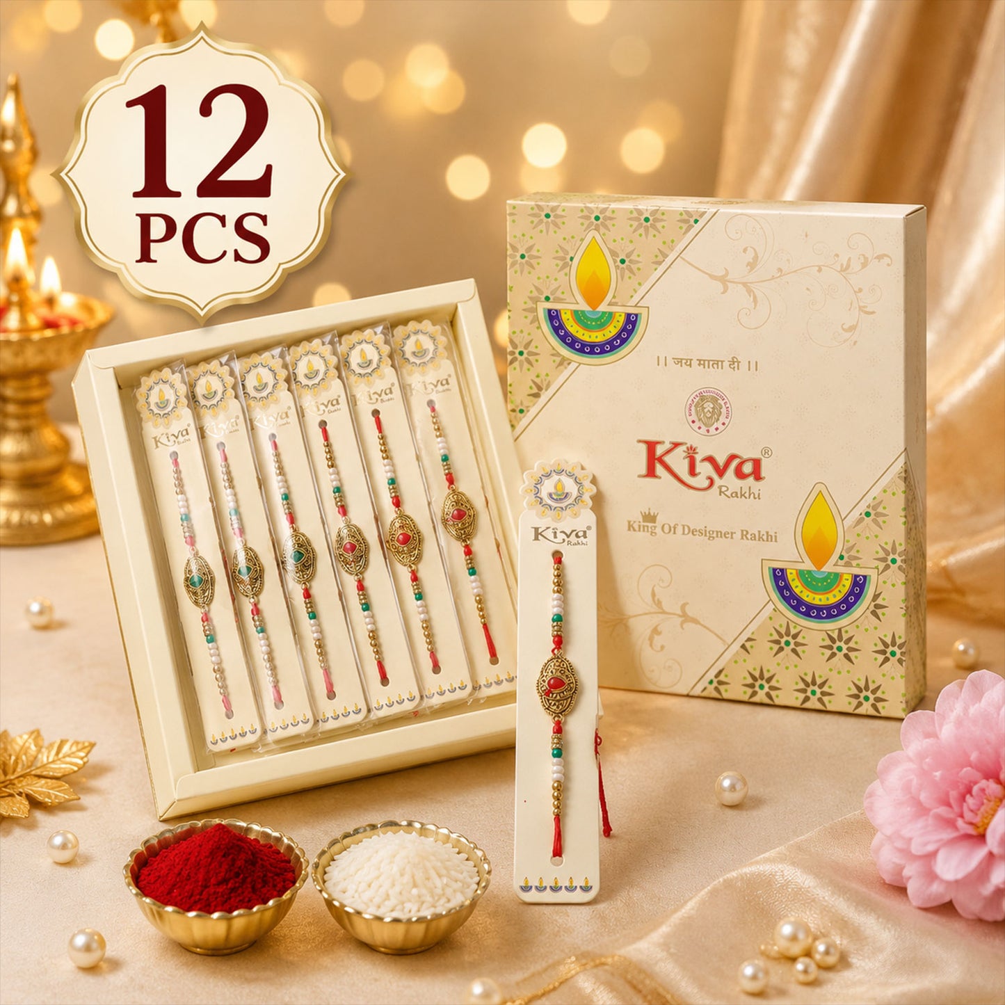 Antique Gold Teardrop Designer Rakhi with Red Stone, Roli Chawal Coin and Diya Gift Packing