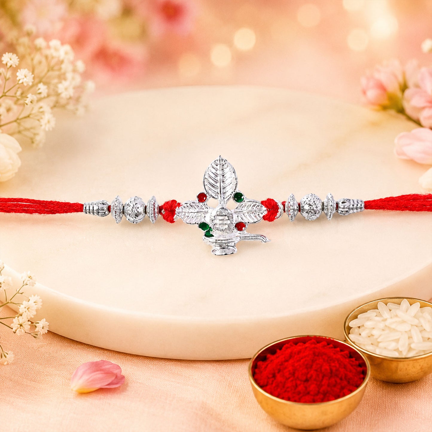 Silver Shivling Leaf Rakhi with Green Stones and Bright Red Thread