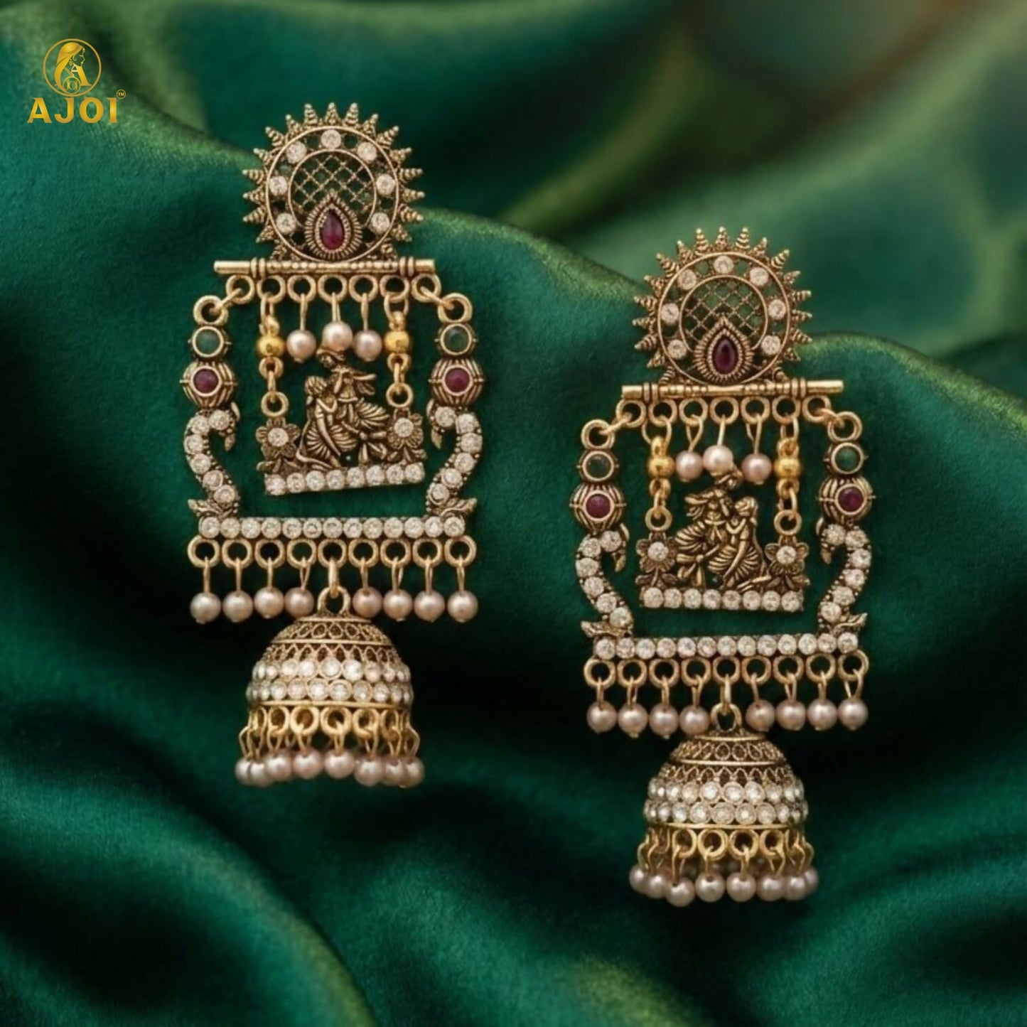 Antique Gold Finish Radha-Krishna Temple Jhumka Earring