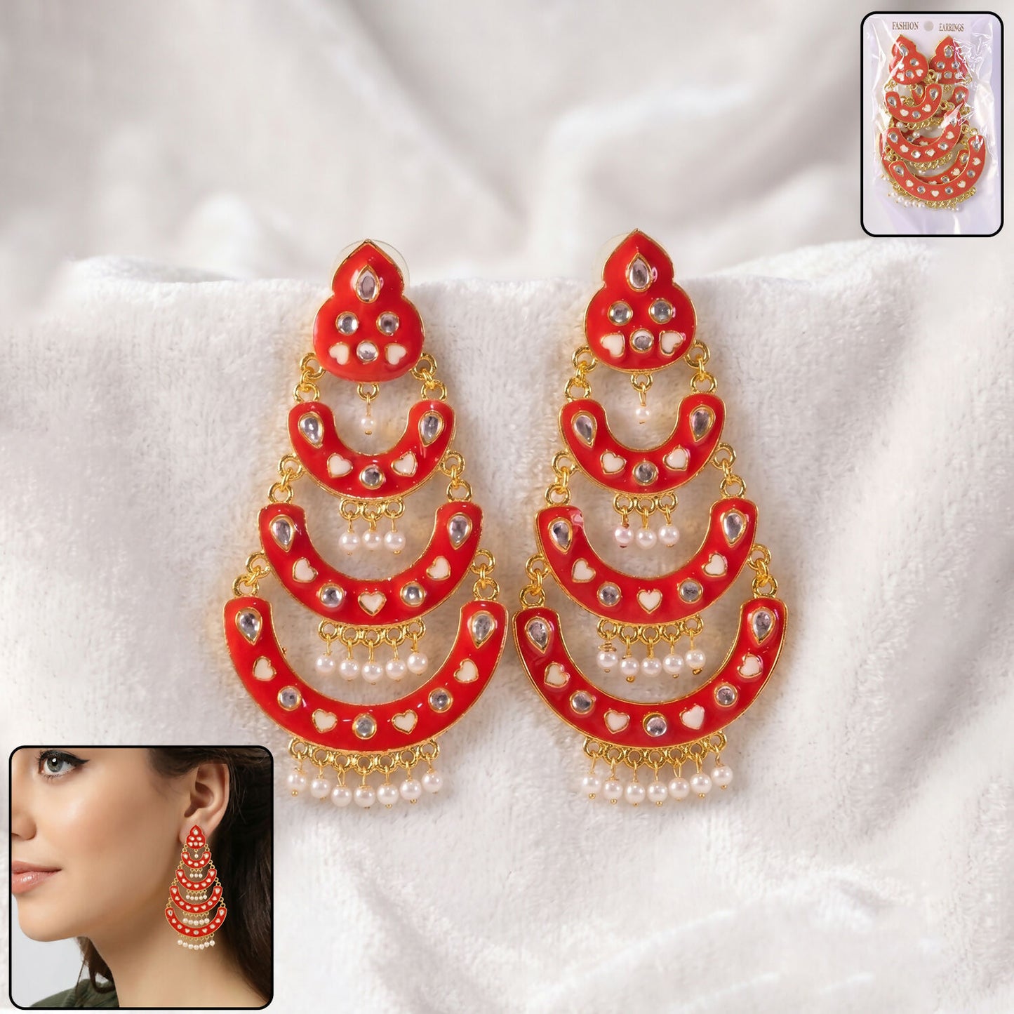 Peach layered Chandbali earrings with pearl drops - front view