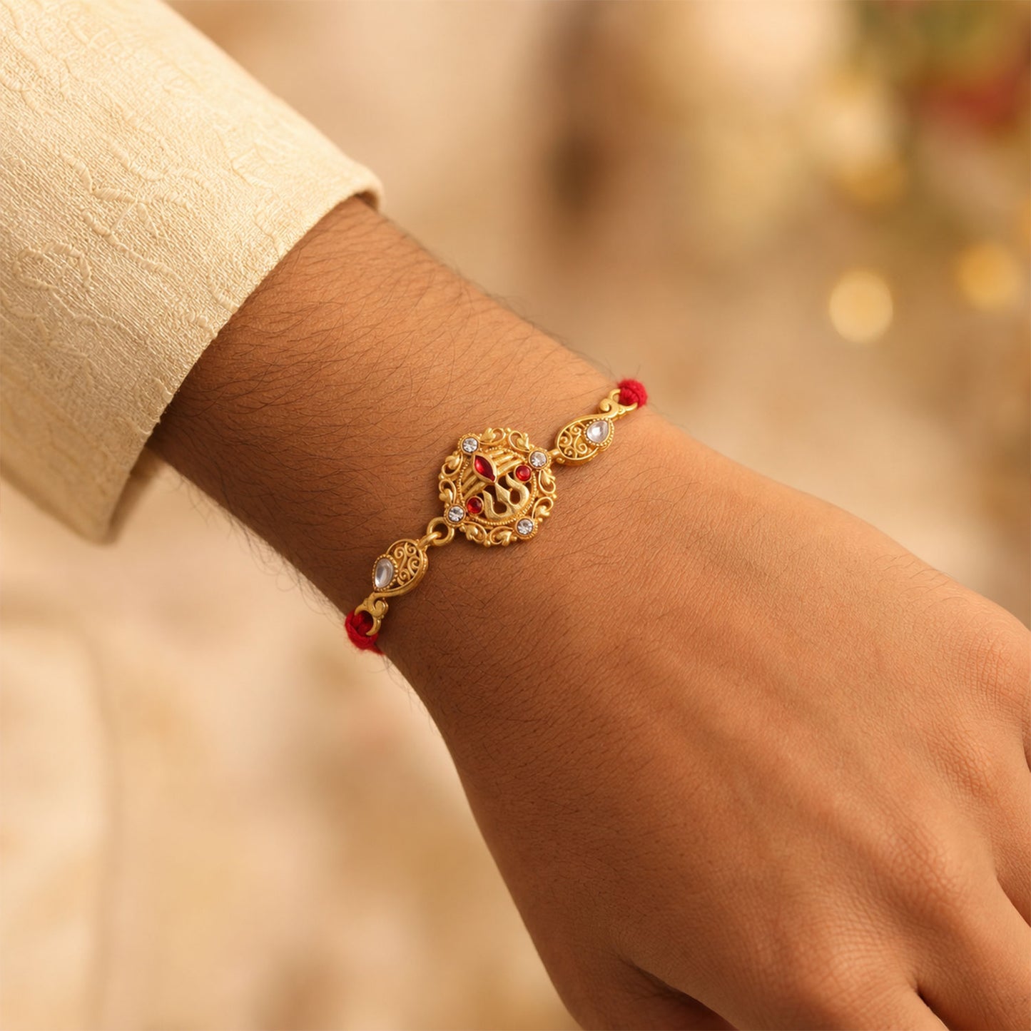 Gold-Toned Trishul Rakhi with Red Stones, Clear Crystal Accents & Designer Red Thread