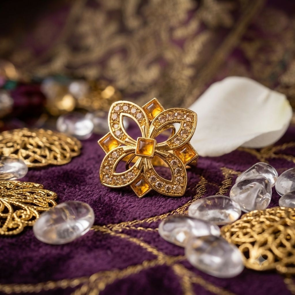 Side view of the elegant floral crystal ring with sparkling stones.
