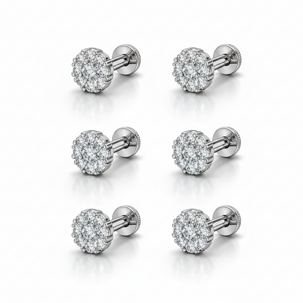 Side view of silver plated crystal cluster stud earrings with flat back posts