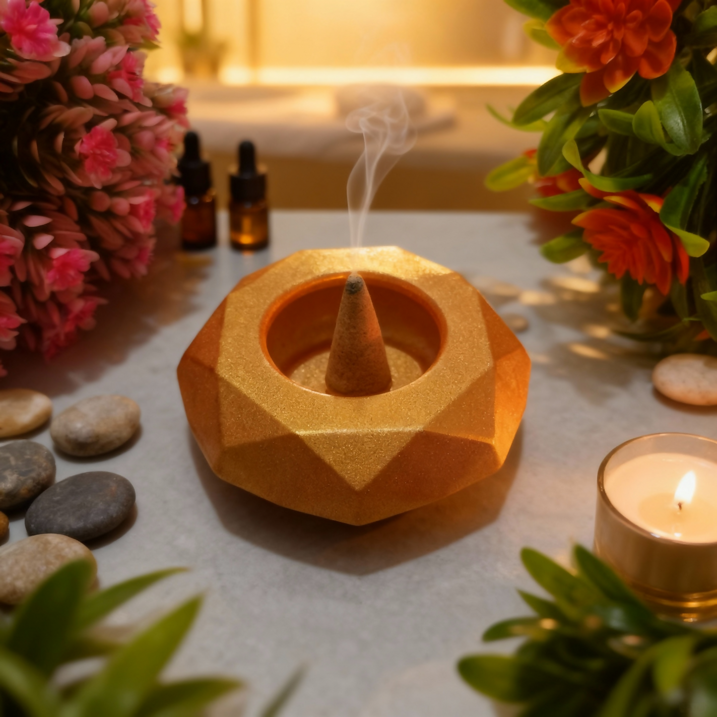 Diamond Decorative Diya Multi-Purpose Tealight Candle Holder, Dhoop Cone Stand, Pooja Diya & Mini Planter (Red, Rose Gold, Metallic Pink)