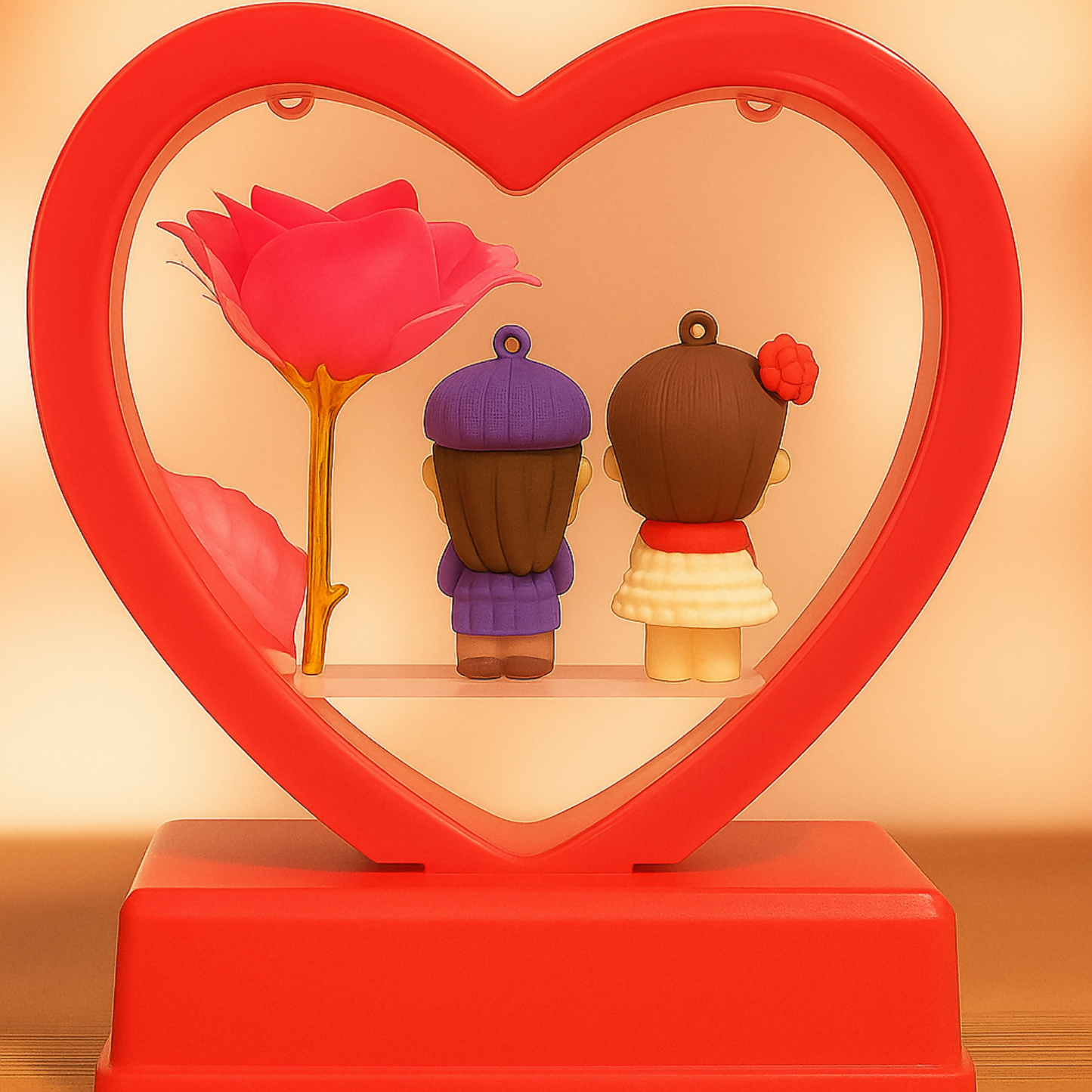 Romantic Heart-Shaped Red LED Couple Showpiece with Artificial Red Rose | Love-Themed Decorative Gift for Bedroom, Anniversary, Valentine, Wedding & Home Decor