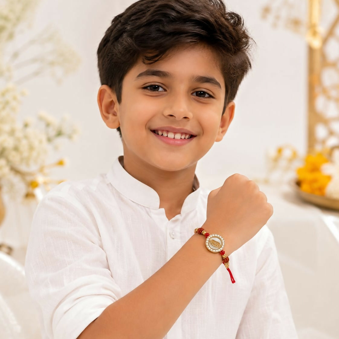 A young boy in a white shirt smiles at the camera, wearing the golden feather dial with crystal halo and rudraksha accents.