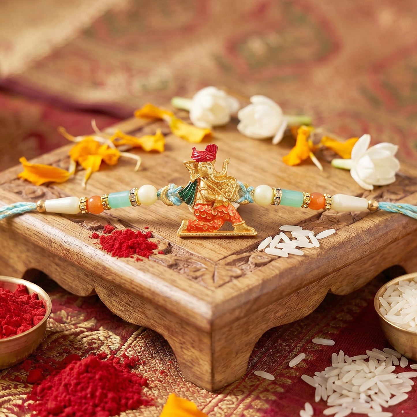 Colorful Ganesh Rakhi for Boys with Beads and Red-Blue Thread