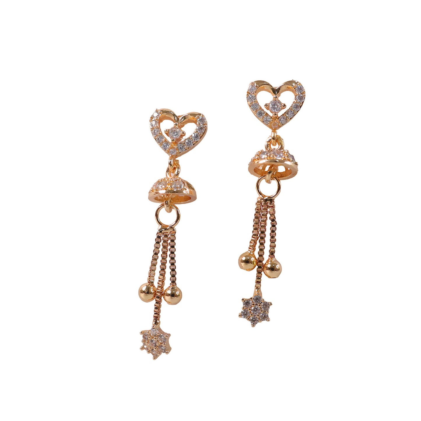 Pair of gold plated double heart drop earrings showcasing chain tassels with bead tips