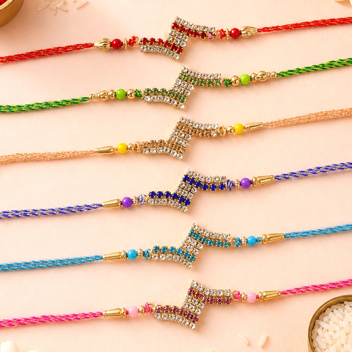 Chevron Shaped AD Stone Rakhi for Raksha Bandhan (Pack of 6)