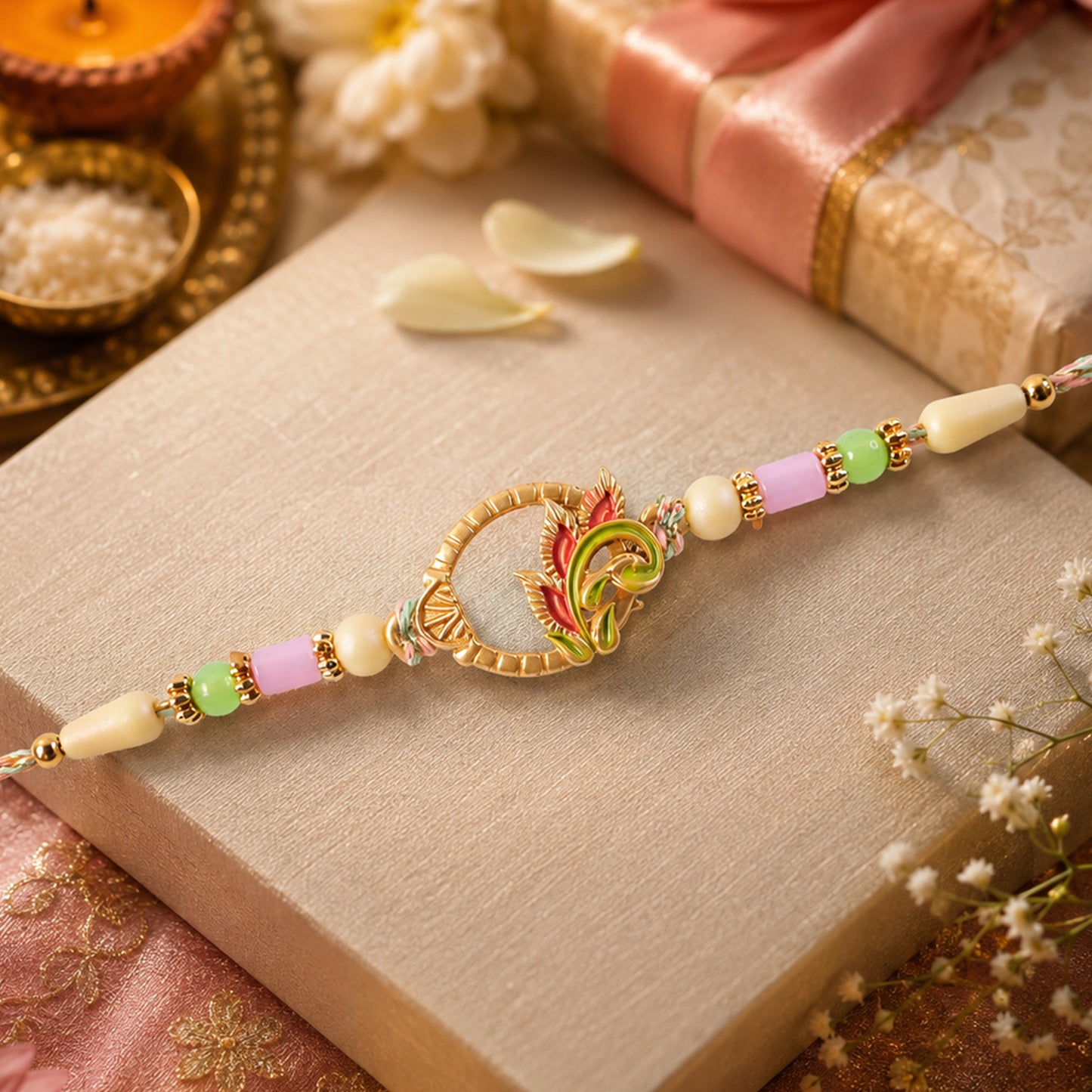 Enamel Peacock Pendant Rakhi with Green and Orange Beads