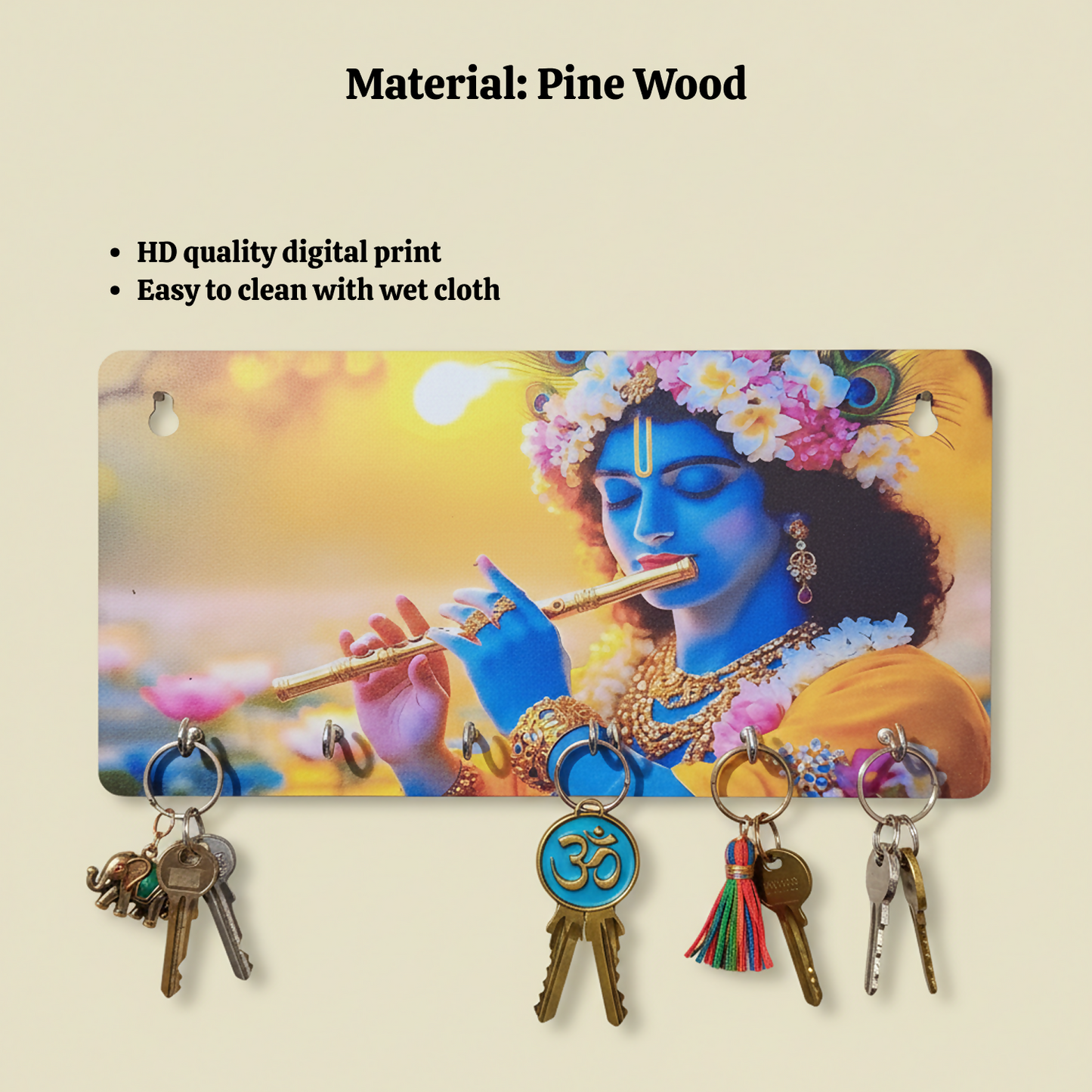 Front view of Lord Krishna wall-mounted key holder with metal hooks