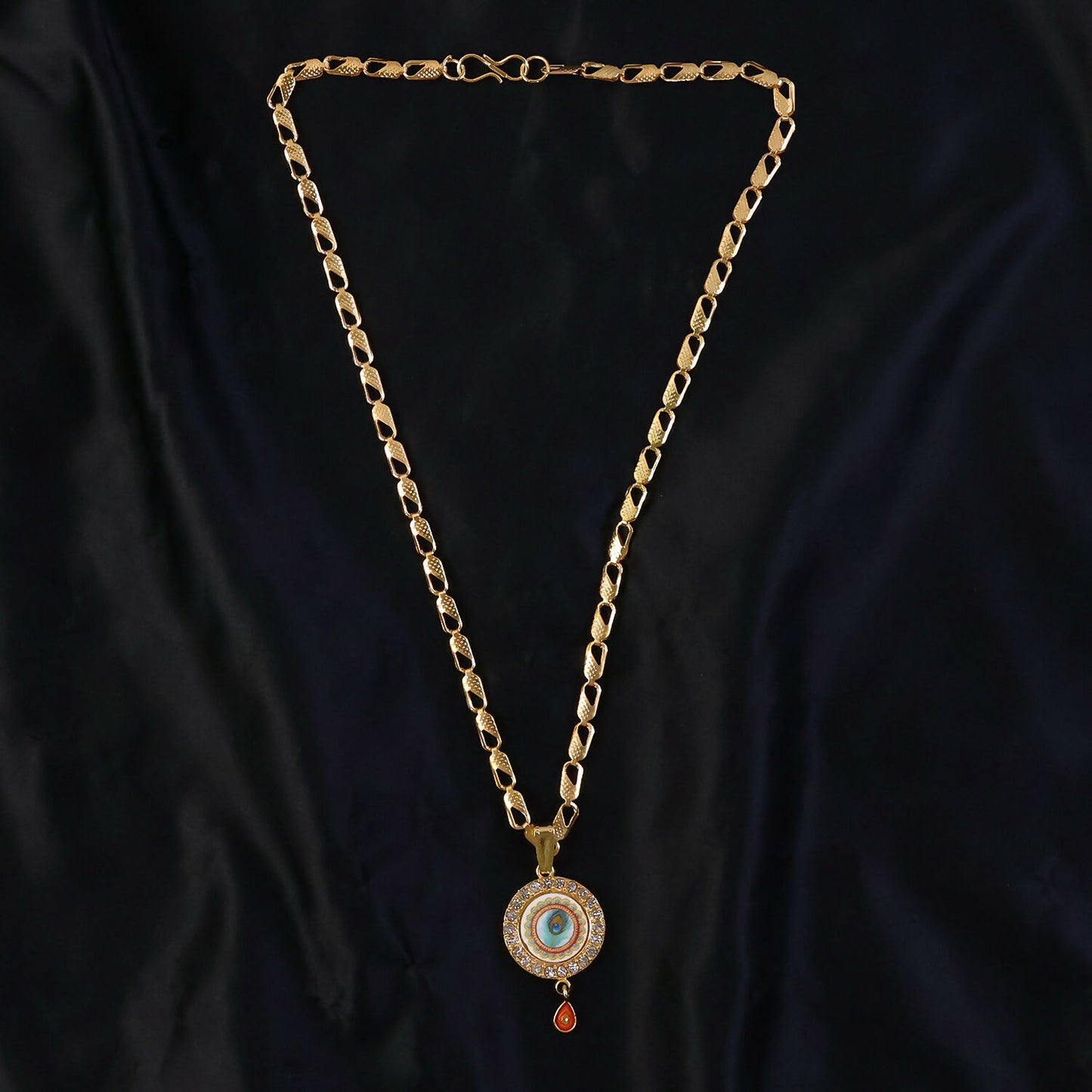 Gold Plated Evil Eye Pendant Necklace with Morpich Crystal Border