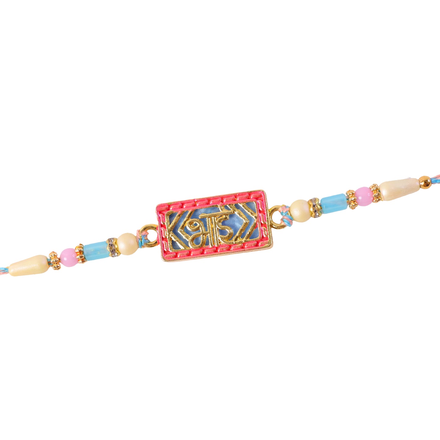 Classic Rakhi showcasing Shubh Plaque, crystal accents and plaque look for Gift Use