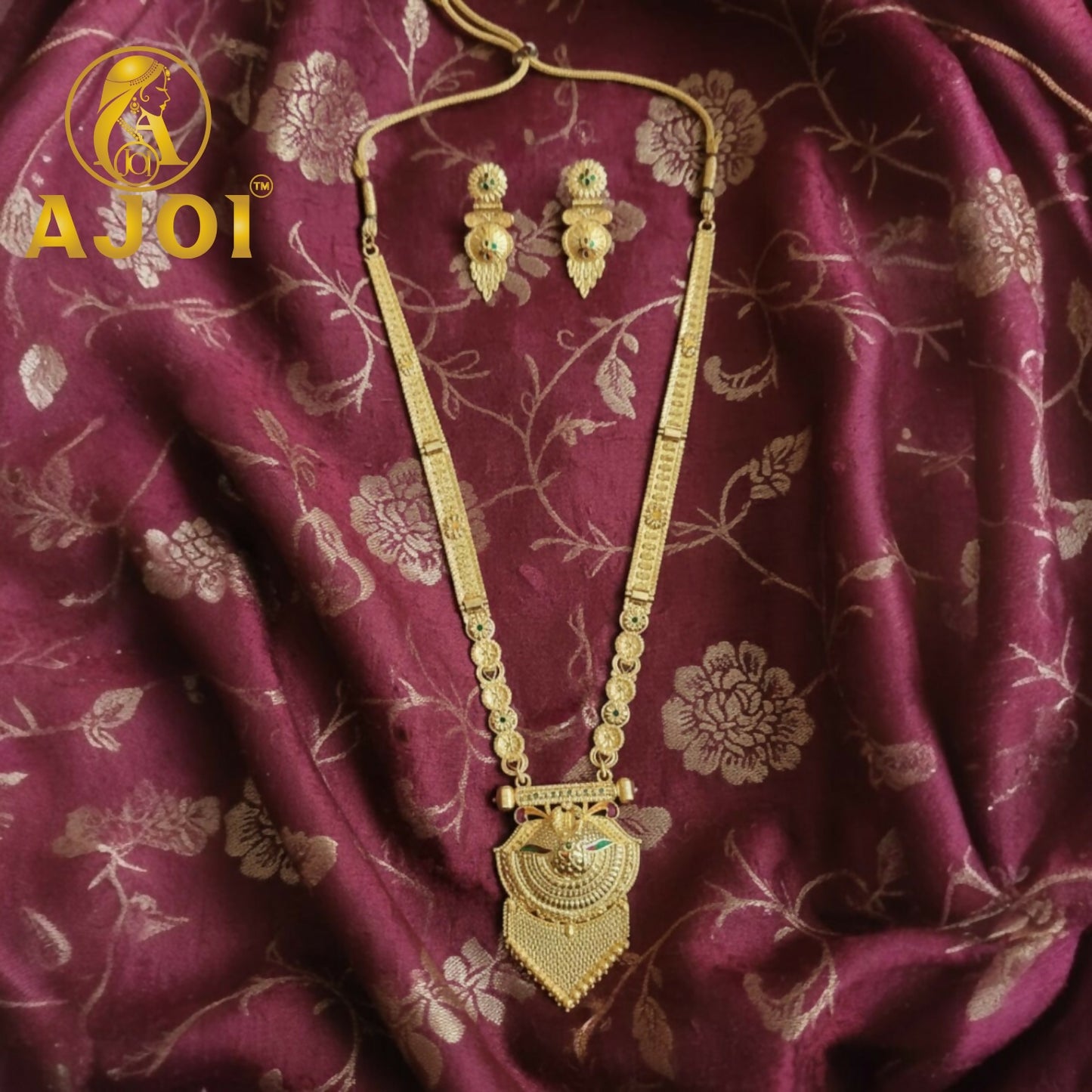 Side view of Temple Long Necklace Set highlighting multi-layered pendant craftsmanship
